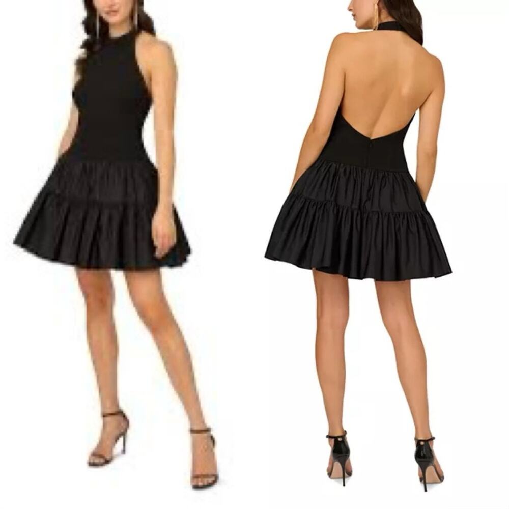 LIV FOSTER 12 $220 STRETCH CREPE HALTER DRESS WITH TUTU SKIRT IN BLACK